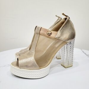 Vintage 90s Gold Tone Platform Heels Shoes US 6